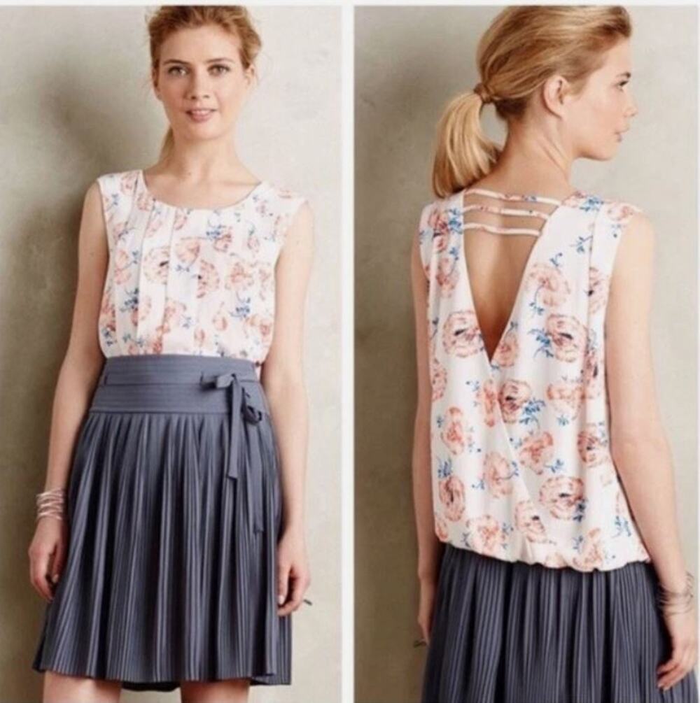 Anthropologie Meadow Rue Pleated Floral Tank Blouse M Prairie Feminine M